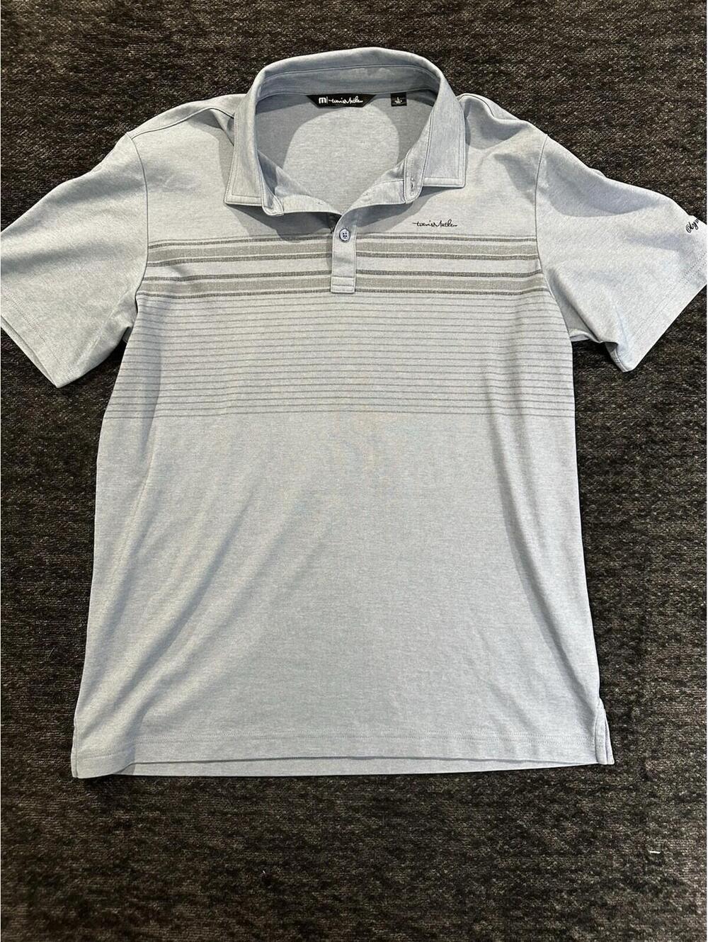 0044 TravisMathew Men's Gray Striped Golf Logo Polo Size L